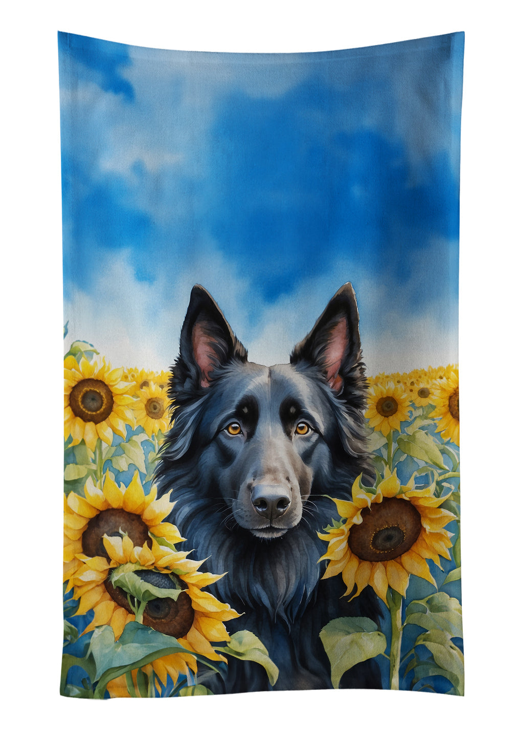 Belgian Sheepdog in Sunflowers Kitchen Towel Velour Plush Front and Cotton Loop Back Machine Washable