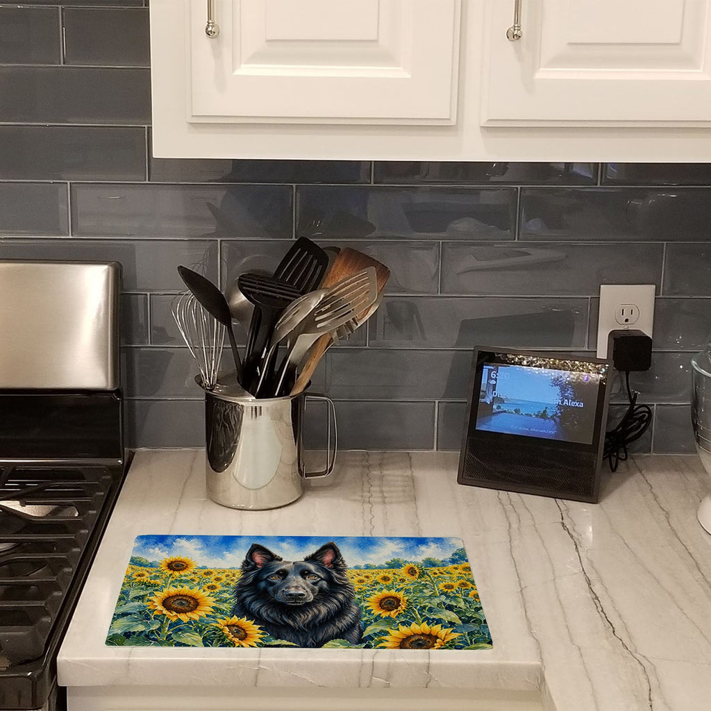 Belgian Sheepdog in Sunflowers Cutting Board Tempered Glass Kitchen Cutting Surface, Heat Resistant Chopping Board with Non-Slip Feet, Decorative Food Prep & Serving