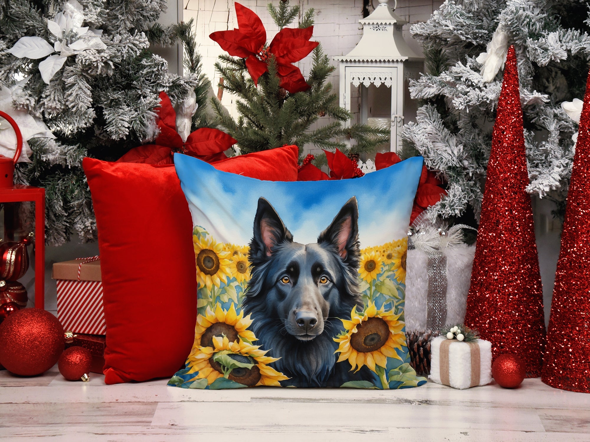 Belgian Sheepdog in Sunflowers Decorative Throw Pillow 14x14 Indoor Outdoor Accent Cushion, Fabric Cover with Insert for Sofa, Bed, Porch & Living Room