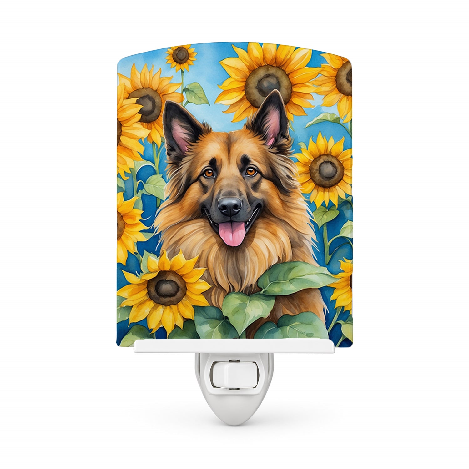 Belgian Tervuren in Sunflowers Ceramic Night Light Compact, UL-Certified, Ideal for Bedroom, Bathroom, Nursery, Hallway, Kitchen, 6x4x3, Multicolor