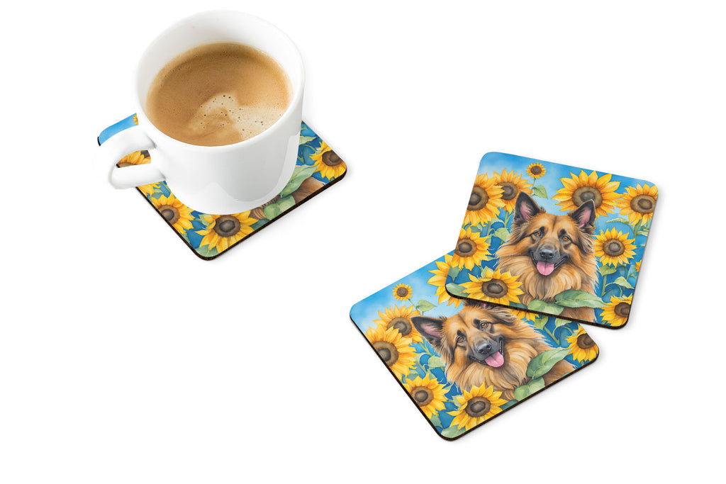 Belgian Tervuren in Sunflowers Foam Coasters Set of 4 Cup Coasters for Indoor Outdoor, Tabletop Protection, Anti Slip, Mouse pad Material