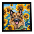 Belgian Tervuren in Sunflowers Framed Metal Print Bathroom, Kitchen, Office, Home Decor Wall Art Ready to Hang, Square, 8X8