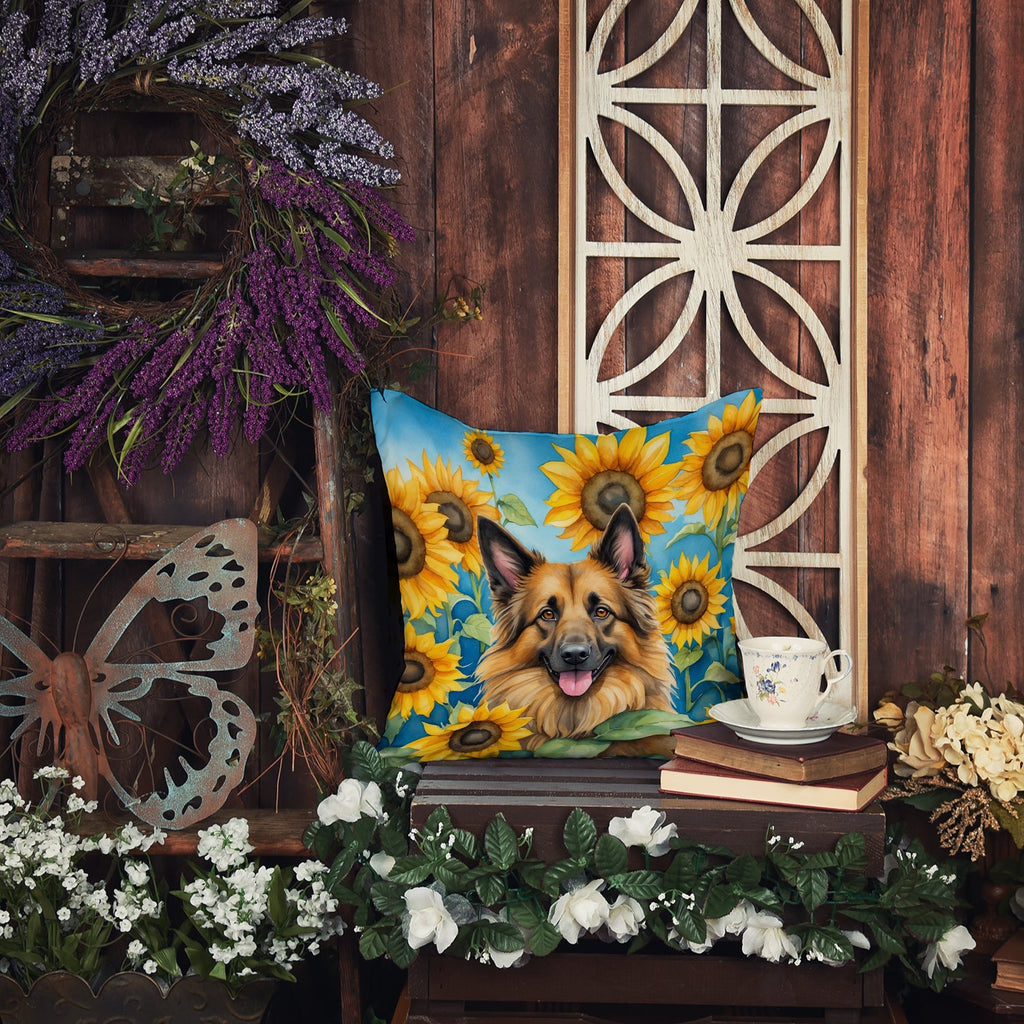 Belgian Tervuren in Sunflowers Decorative Throw Pillow 14x14 Indoor Outdoor Accent Cushion, Fabric Cover with Insert for Sofa, Bed, Porch & Living Room