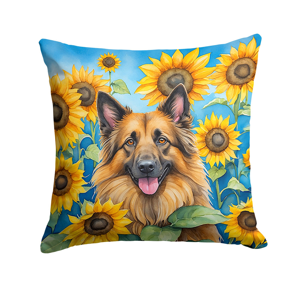Belgian Tervuren in Sunflowers Decorative Throw Pillow 18x18 Indoor Outdoor Accent Cushion, Fabric Cover with Insert for Sofa, Bed, Porch & Living Room