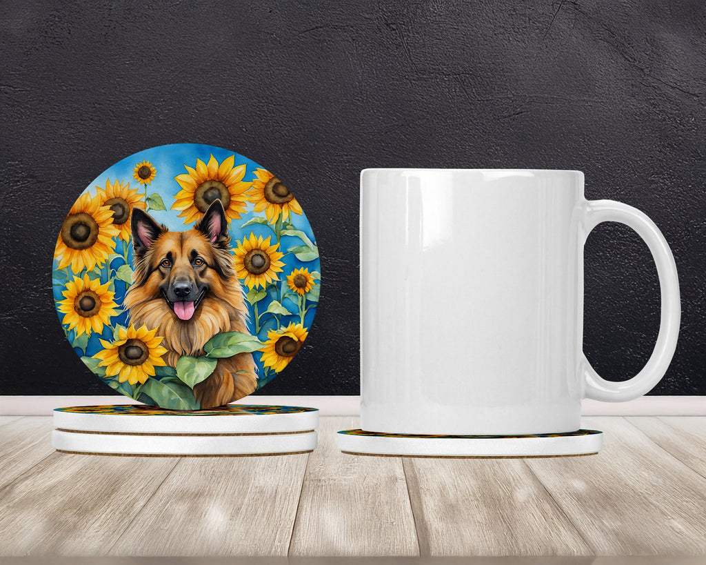 Belgian Tervuren in Sunflowers Large Sandstone Coasters Pack of 4 Absorbent Round Coasters Decor Gifts for Men or Women, 4 in, Multicolor
