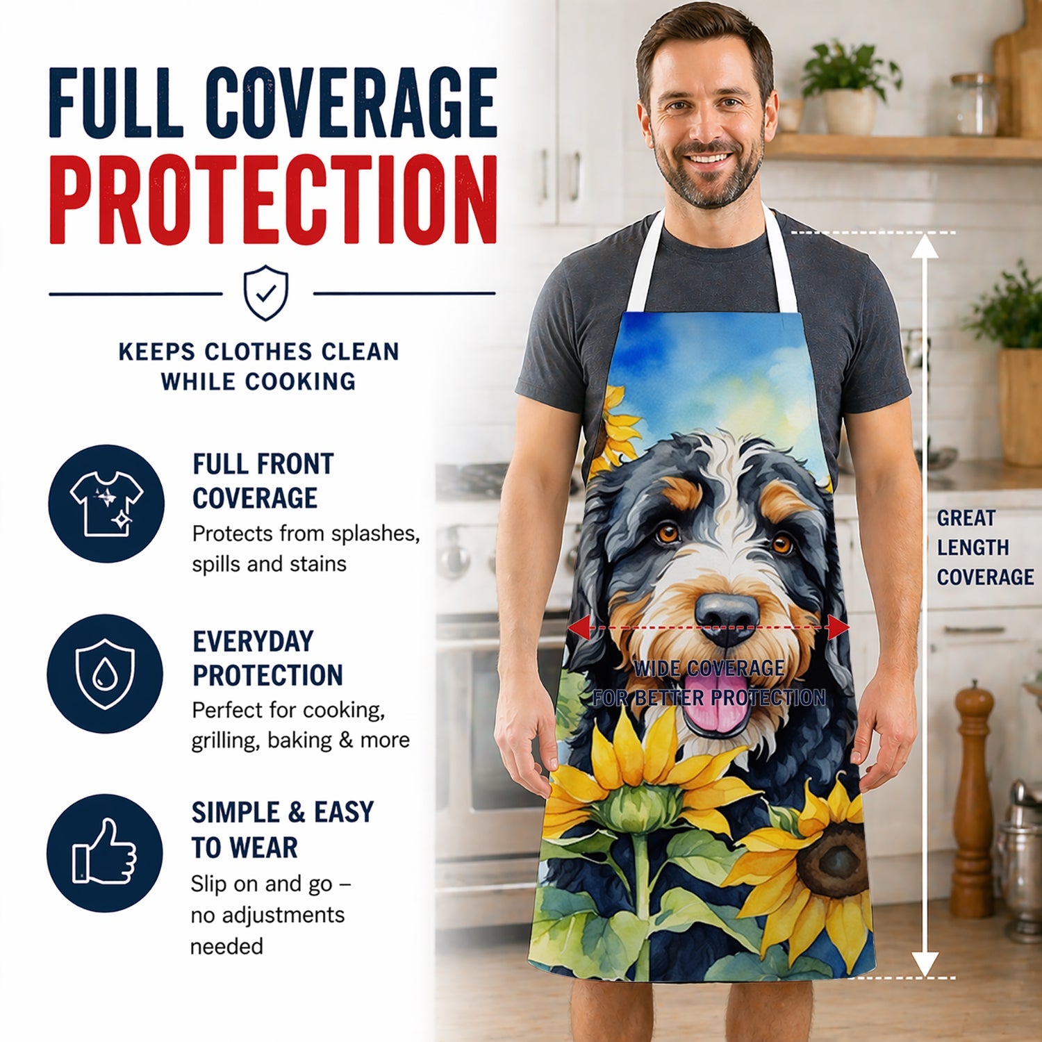 Bernedoodle in Sunflowers Apron Cooking Kitchen Server Baking Crafts Gardening for Adult Women Men, Unisex, Large, Multicolor