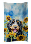 Bernedoodle in Sunflowers Kitchen Towel Velour Plush Front and Cotton Loop Back Machine Washable
