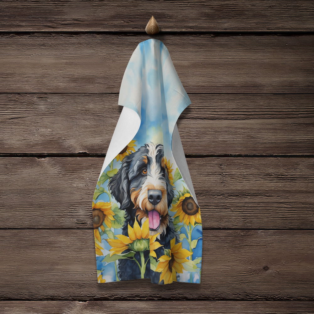 Bernedoodle in Sunflowers Kitchen Towel Velour Plush Front and Cotton Loop Back Machine Washable