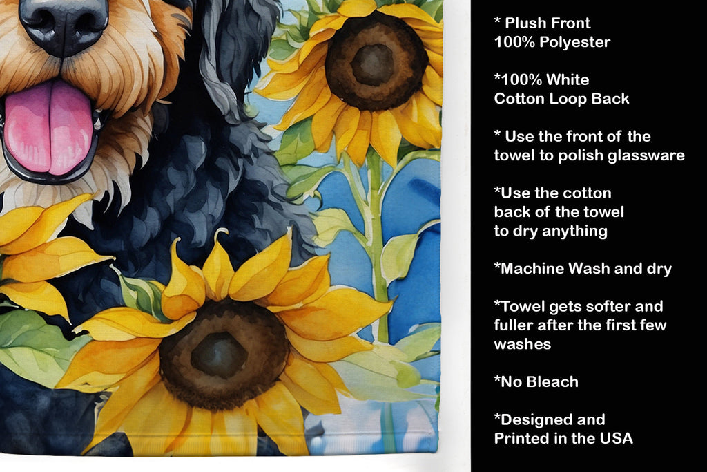 Bernedoodle in Sunflowers Kitchen Towel Velour Plush Front and Cotton Loop Back Machine Washable