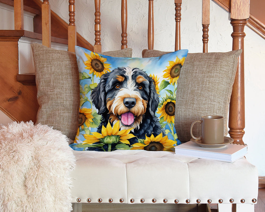 Bernedoodle in Sunflowers Decorative Throw Pillow 14x14 Indoor Outdoor Accent Cushion, Fabric Cover with Insert for Sofa, Bed, Porch & Living Room