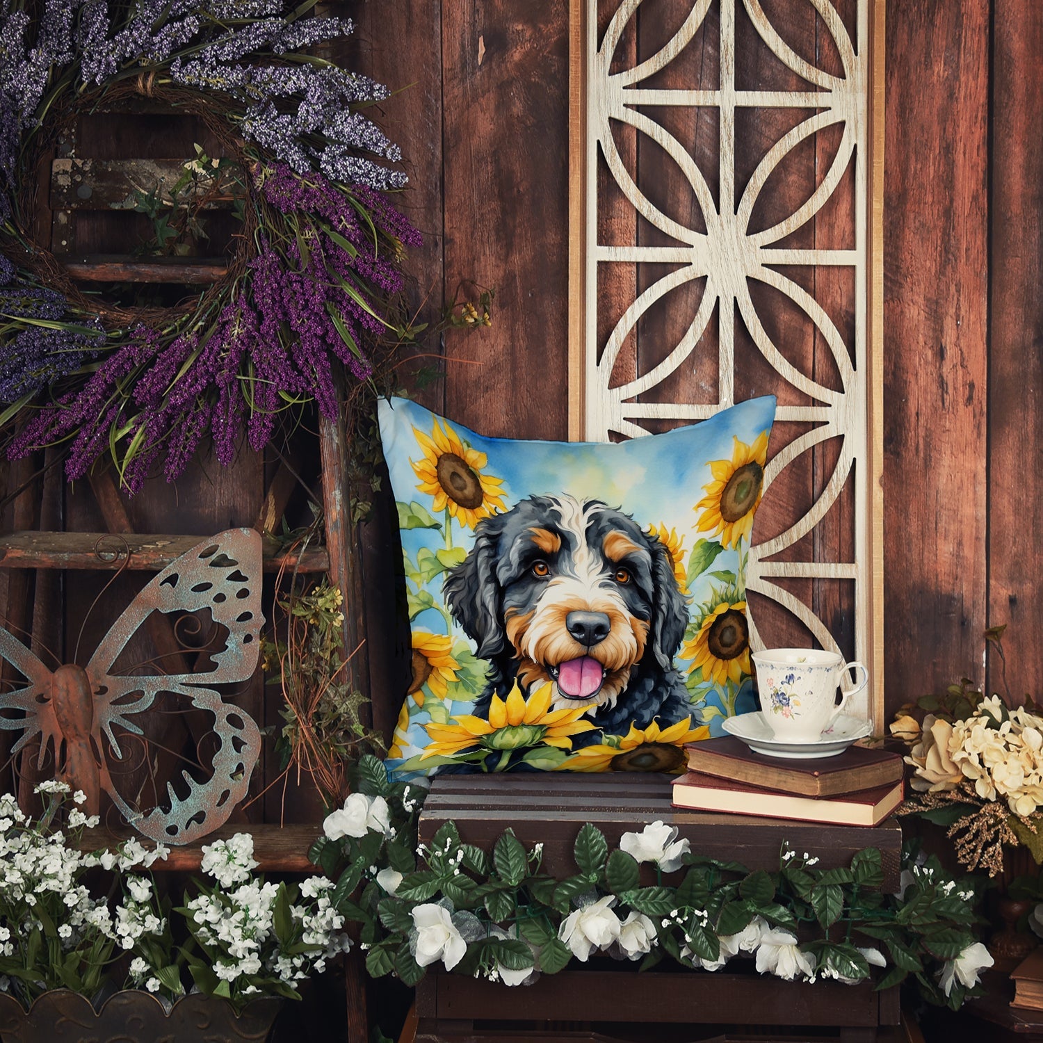 Bernedoodle in Sunflowers Decorative Throw Pillow 14x14 Indoor Outdoor Accent Cushion, Fabric Cover with Insert for Sofa, Bed, Porch & Living Room