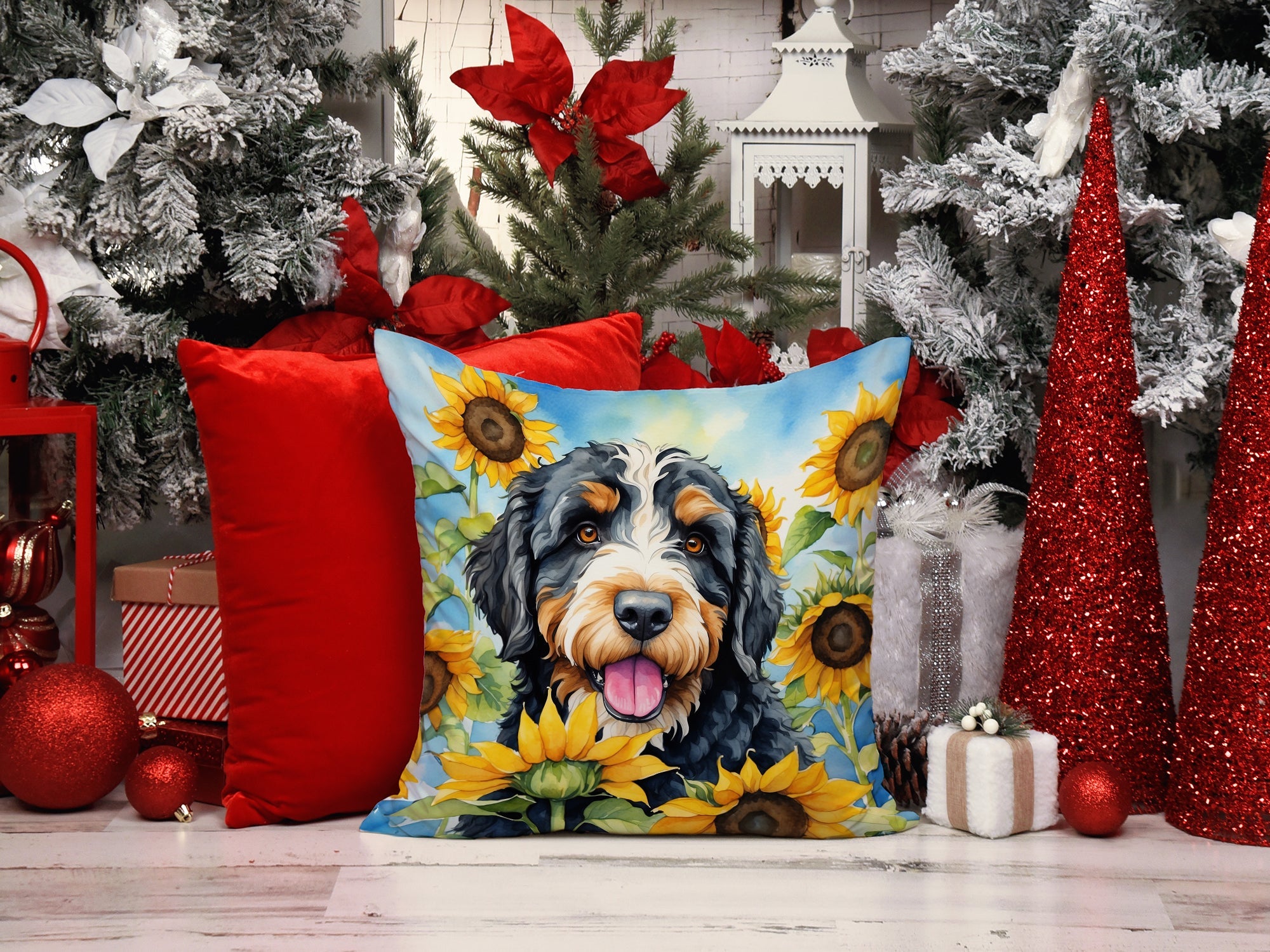 Bernedoodle in Sunflowers Decorative Throw Pillow 14x14 Indoor Outdoor Accent Cushion, Fabric Cover with Insert for Sofa, Bed, Porch & Living Room