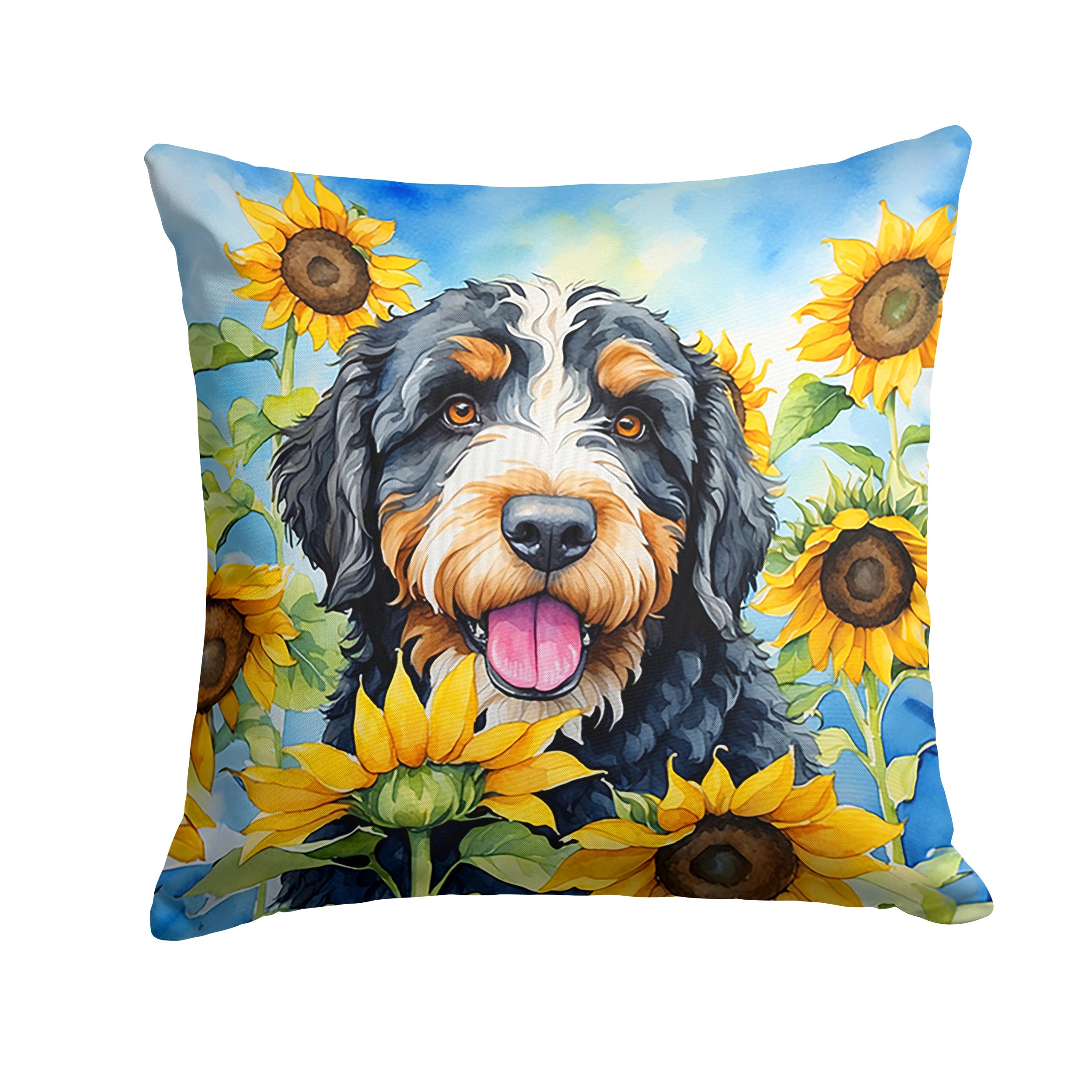 Bernedoodle in Sunflowers Decorative Throw Pillow 18x18 Indoor Outdoor Accent Cushion, Fabric Cover with Insert for Sofa, Bed, Porch & Living Room