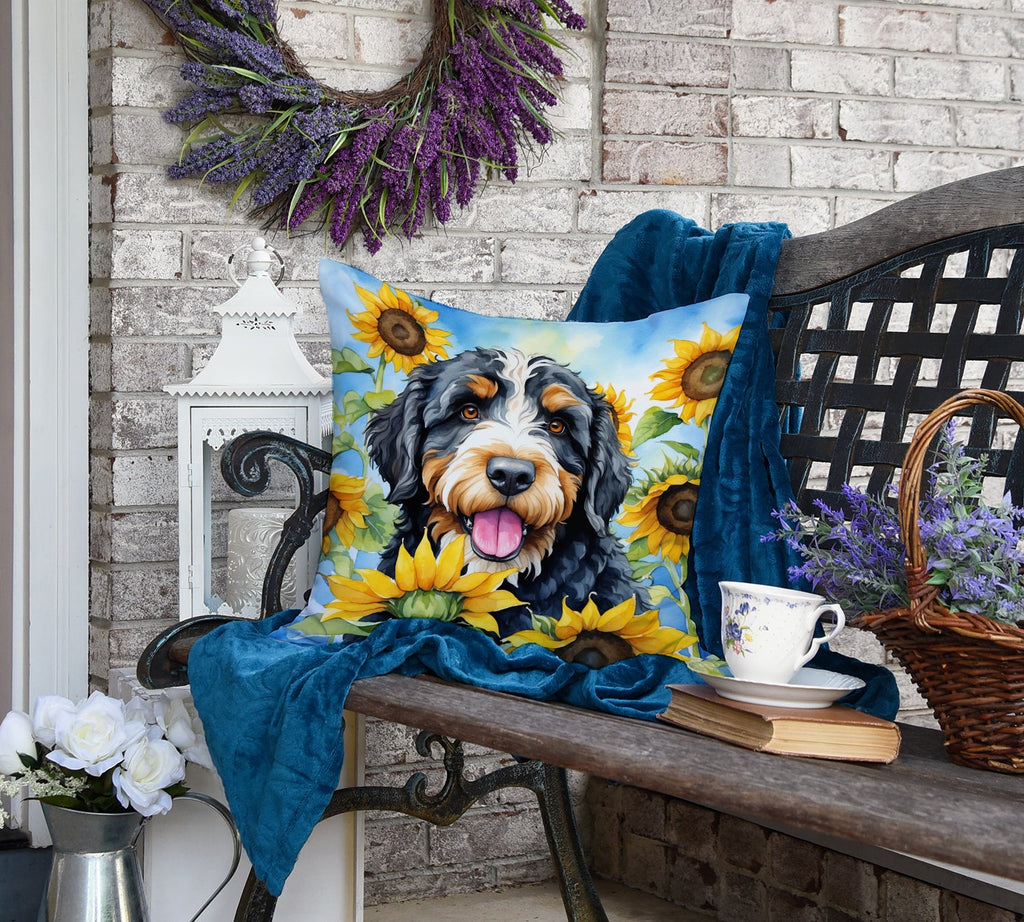 Bernedoodle in Sunflowers Decorative Throw Pillow 18x18 Indoor Outdoor Accent Cushion, Fabric Cover with Insert for Sofa, Bed, Porch & Living Room