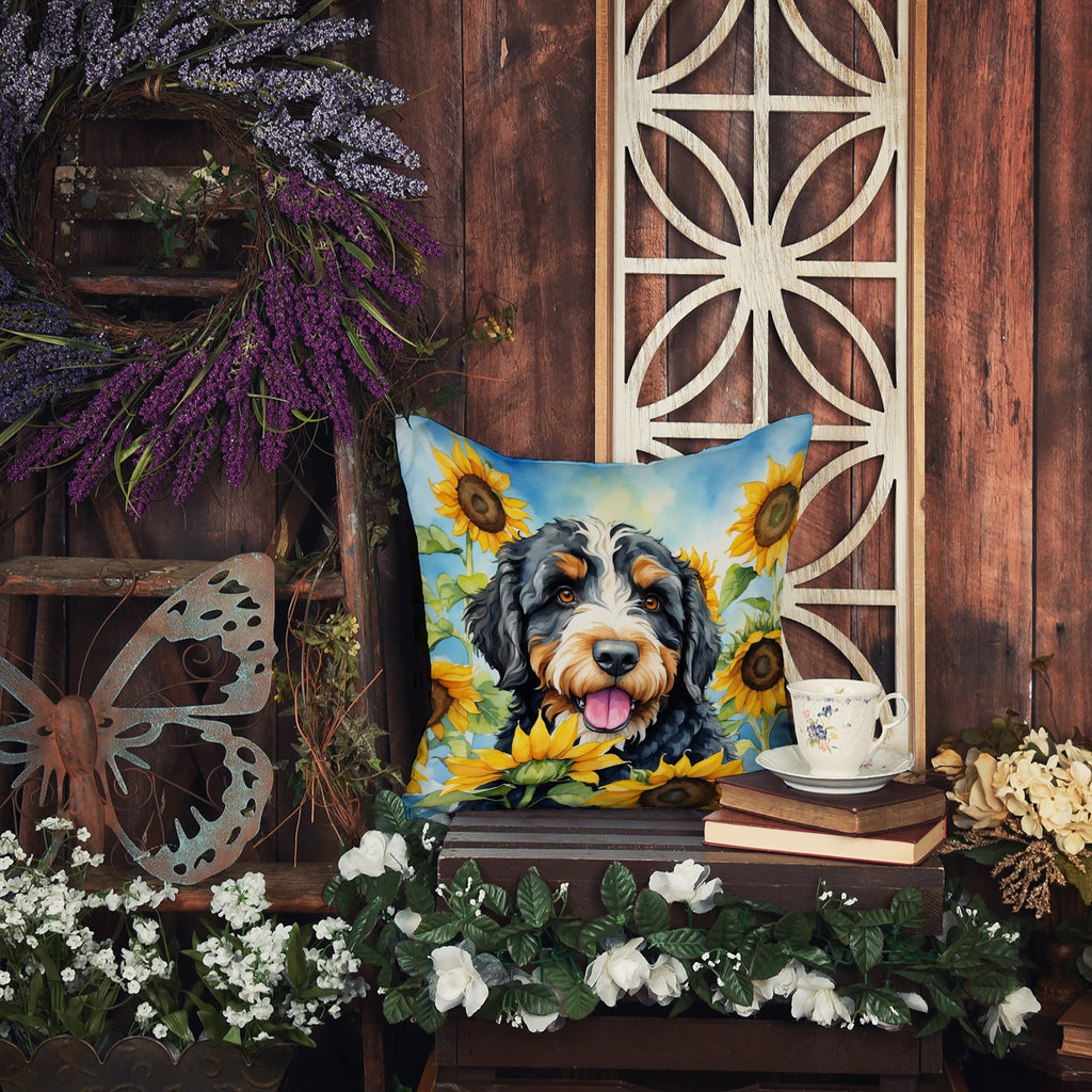 Bernedoodle in Sunflowers Decorative Throw Pillow 18x18 Indoor Outdoor Accent Cushion, Fabric Cover with Insert for Sofa, Bed, Porch & Living Room
