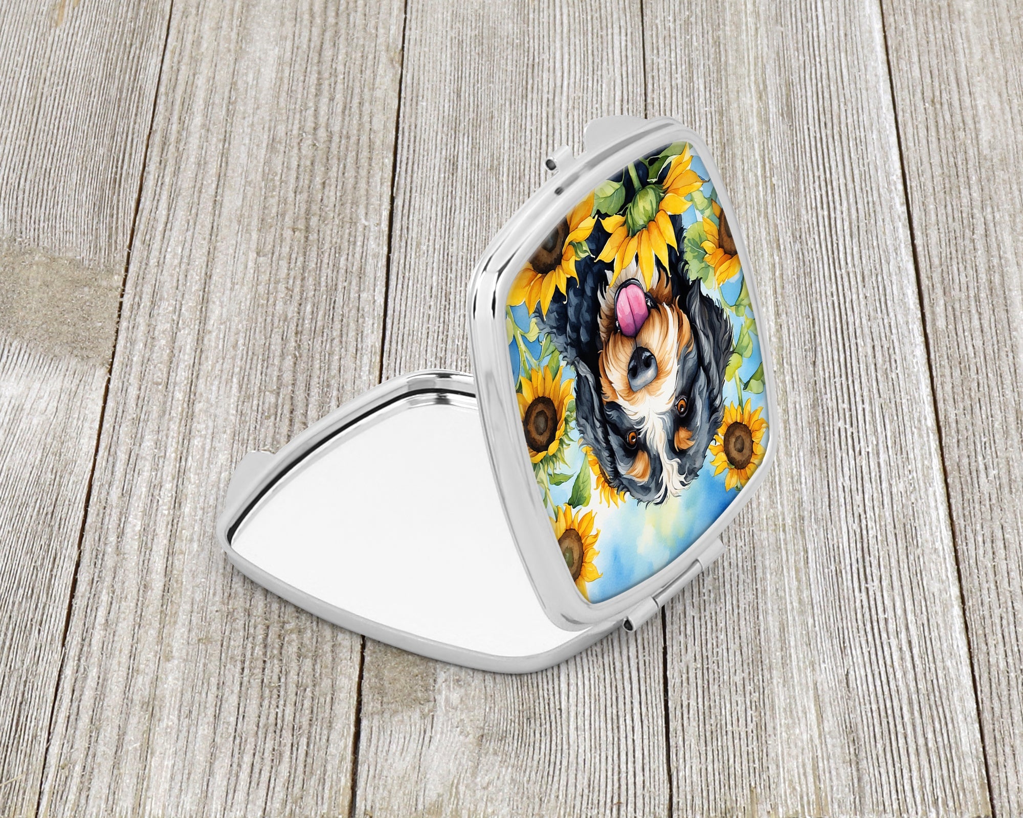 Bernedoodle in Sunflowers Compact Mirror Decorative Travel Makeup Mirror for Women Girls Gifts Pocket Makeup Mirror Folding Handheld