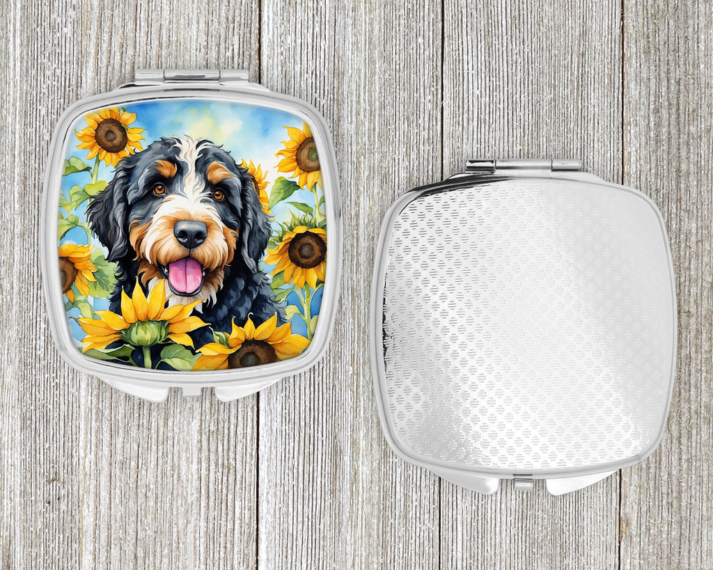 Bernedoodle in Sunflowers Compact Mirror Decorative Travel Makeup Mirror for Women Girls Gifts Pocket Makeup Mirror Folding Handheld