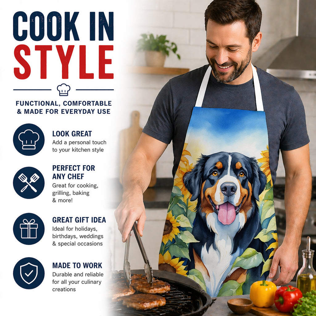 Bernese Mountain Dog in Sunflowers Apron Cooking Kitchen Server Baking Crafts Gardening for Adult Women Men, Unisex, Large, Multicolor