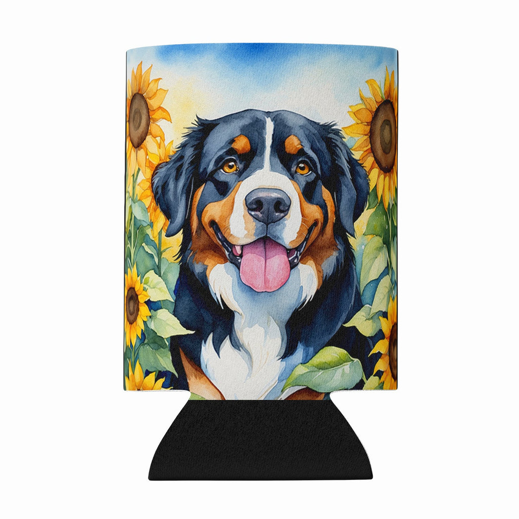 Bernese Mountain Dog in Sunflowers Can or Bottle Hugger Cooler Sleeve for Standard 12 oz Cans, Insulated Foam Beer & Soda Can Hugger Reusable