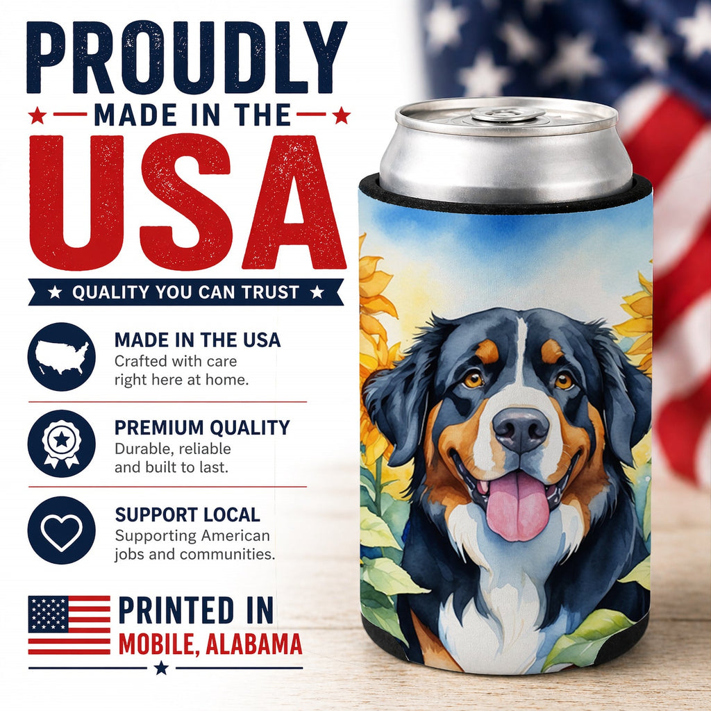 Bernese Mountain Dog in Sunflowers Can or Bottle Hugger Cooler Sleeve for Standard 12 oz Cans, Insulated Foam Beer & Soda Can Hugger Reusable