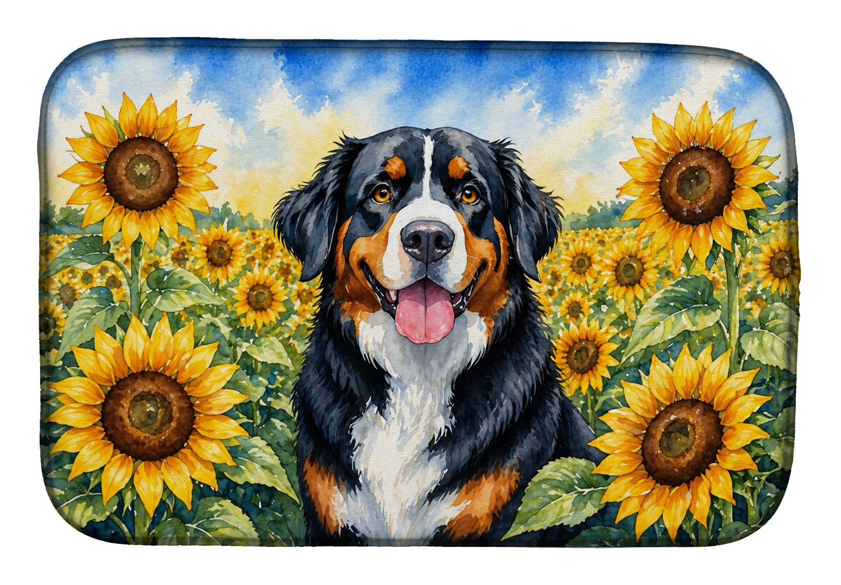 Bernese Mountain Dog in Sunflowers Dish Drying Mat Absorbent Dish Drying Mat Pad for Kitchen Counter Dish Drainer Mat for Countertop, 14 x 21", Multicolor