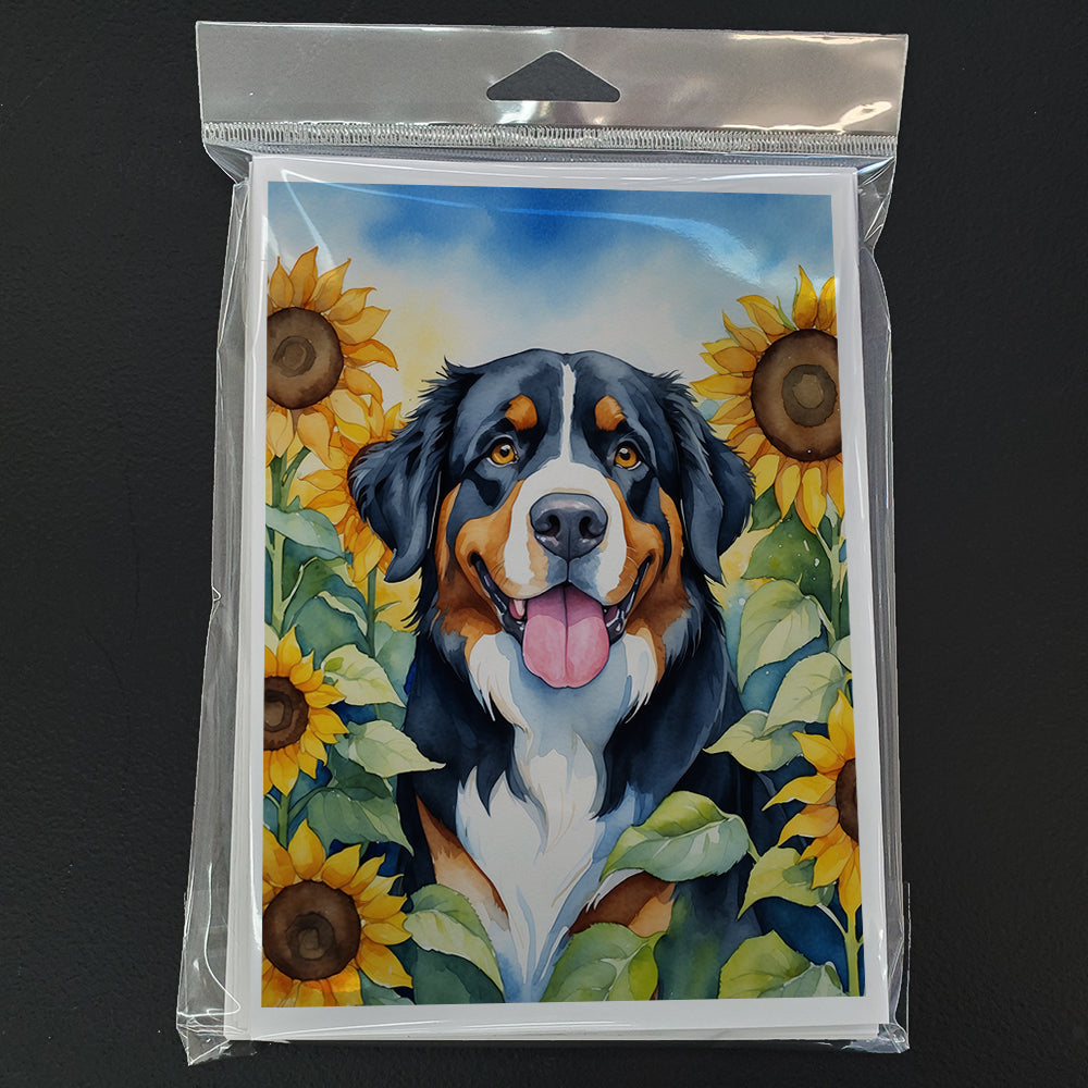Bernese Mountain Dog in Sunflowers Greeting Cards Pack of 8 Blank Cards with Envelopes Whimsical A7 Size 5x7
