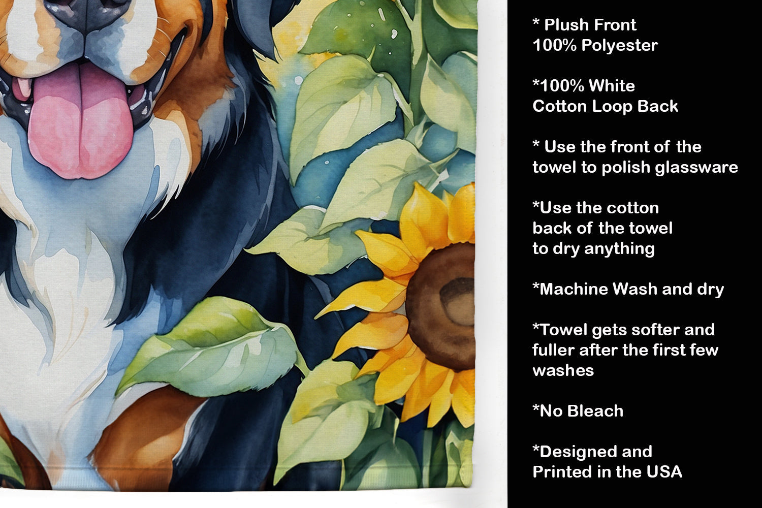 Bernese Mountain Dog in Sunflowers Kitchen Towel Velour Plush Front and Cotton Loop Back Machine Washable
