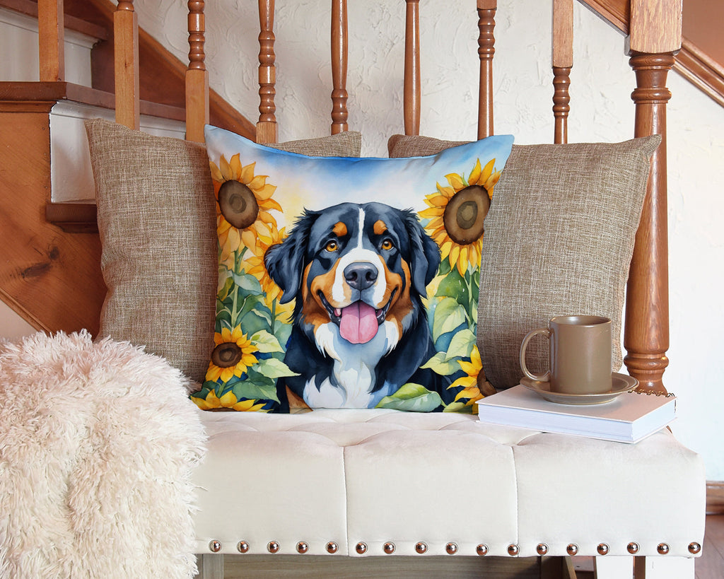 Bernese Mountain Dog in Sunflowers Decorative Throw Pillow 14x14 Indoor Outdoor Accent Cushion, Fabric Cover with Insert for Sofa, Bed, Porch & Living Room