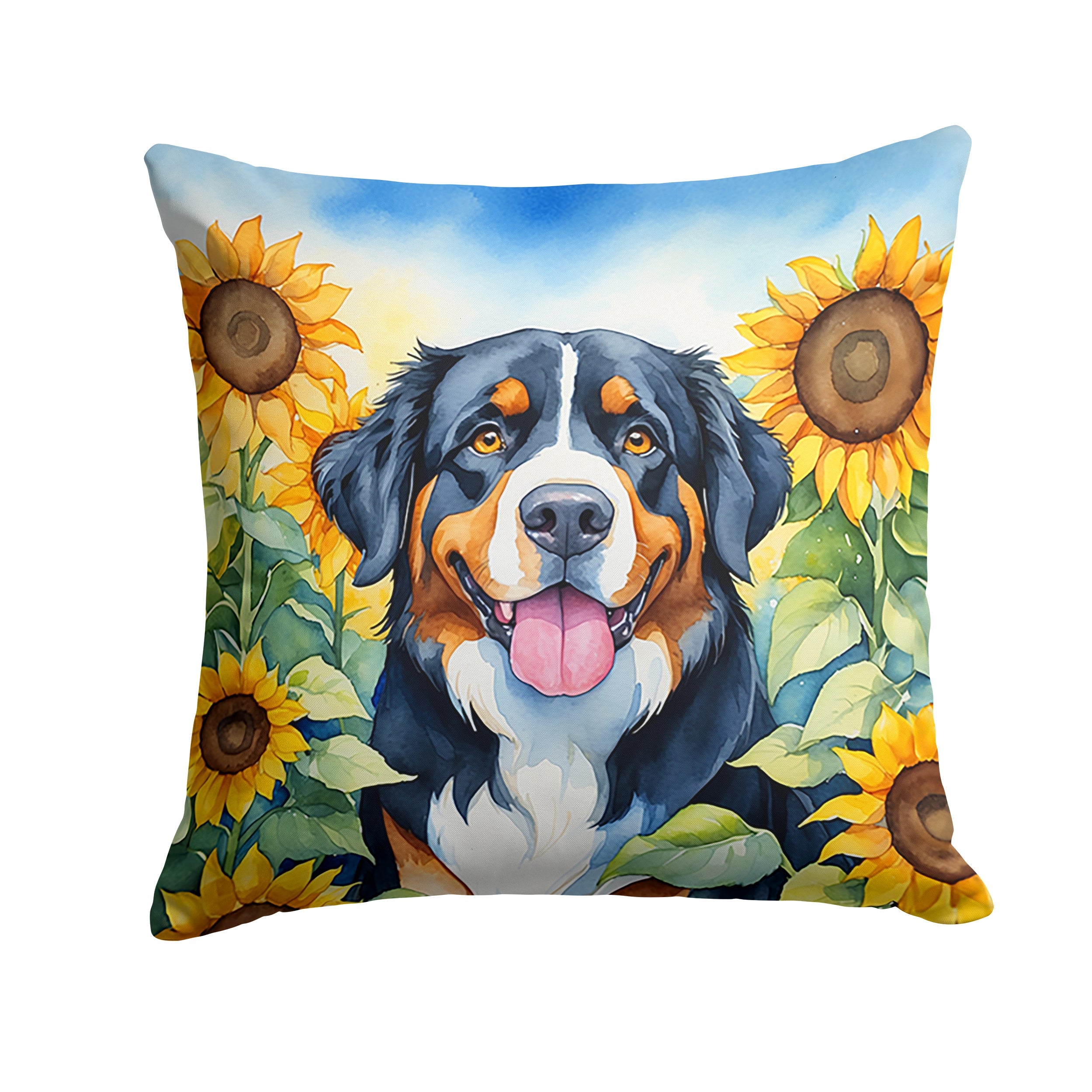 Bernese Mountain Dog in Sunflowers Decorative Throw Pillow 18x18 Indoor Outdoor Accent Cushion, Fabric Cover with Insert for Sofa, Bed, Porch & Living Room
