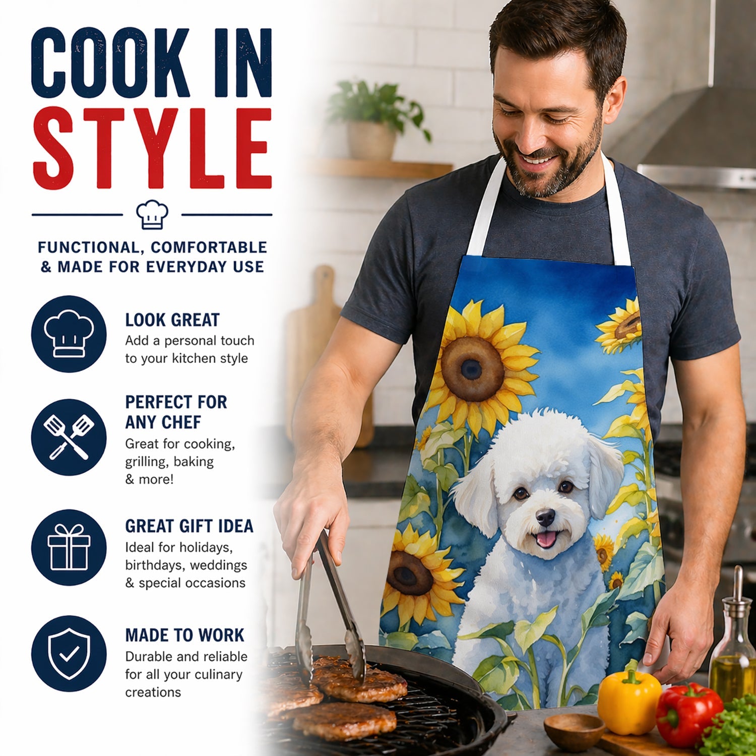 Bichon Frise in Sunflowers Apron Cooking Kitchen Server Baking Crafts Gardening for Adult Women Men, Unisex, Large, Multicolor
