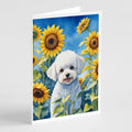 Bichon Frise in Sunflowers Greeting Cards Pack of 8 Blank Cards with Envelopes Whimsical A7 Size 5x7