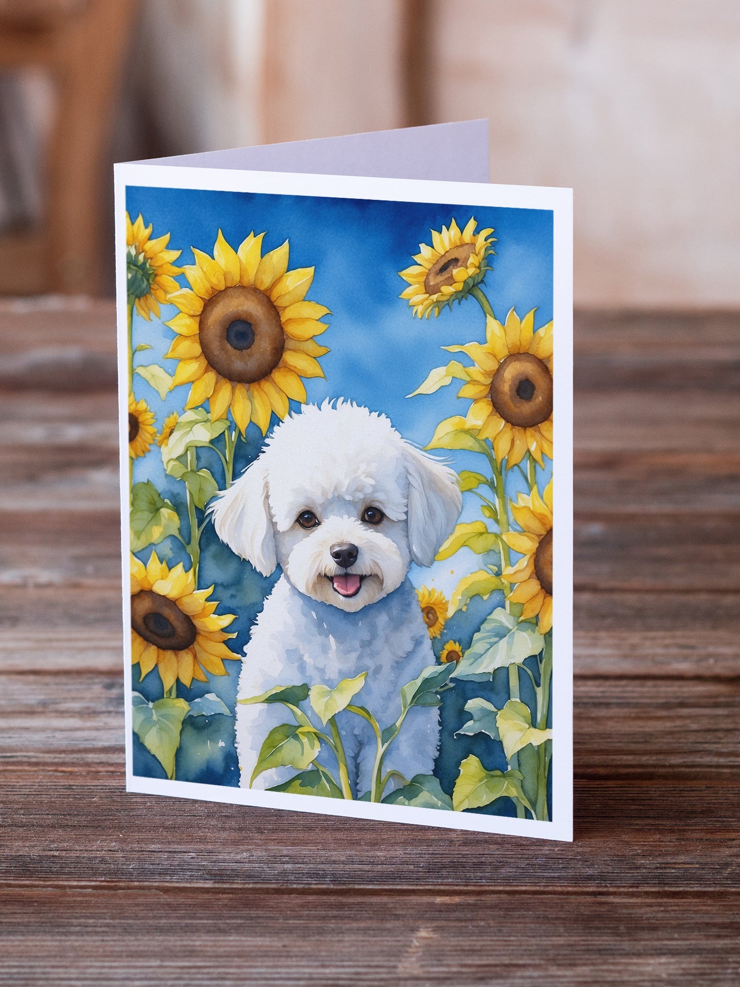 Bichon Frise in Sunflowers Greeting Cards Pack of 8 Blank Cards with Envelopes Whimsical A7 Size 5x7