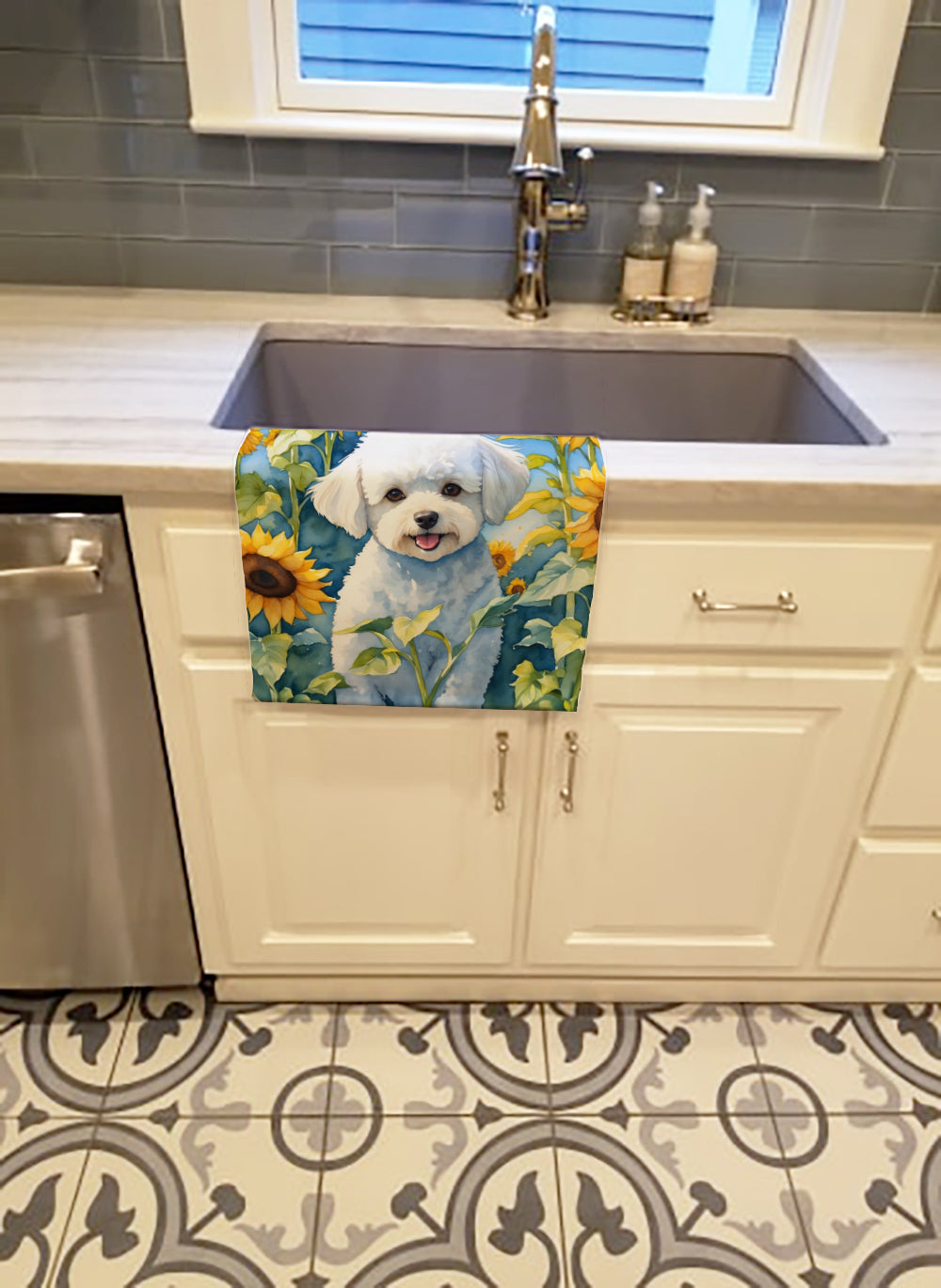 Bichon Frise in Sunflowers Kitchen Towel Velour Plush Front and Cotton Loop Back Machine Washable