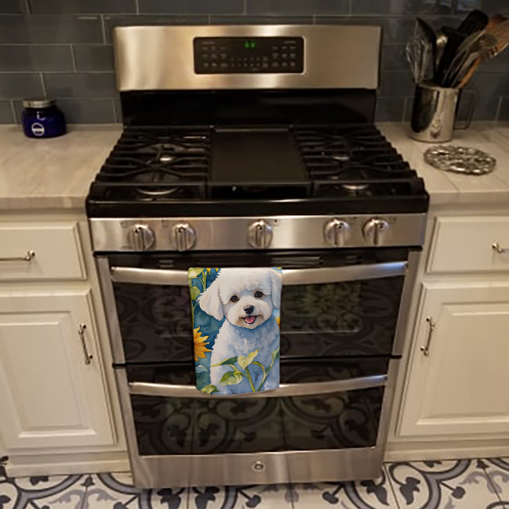 Bichon Frise in Sunflowers Kitchen Towel Velour Plush Front and Cotton Loop Back Machine Washable