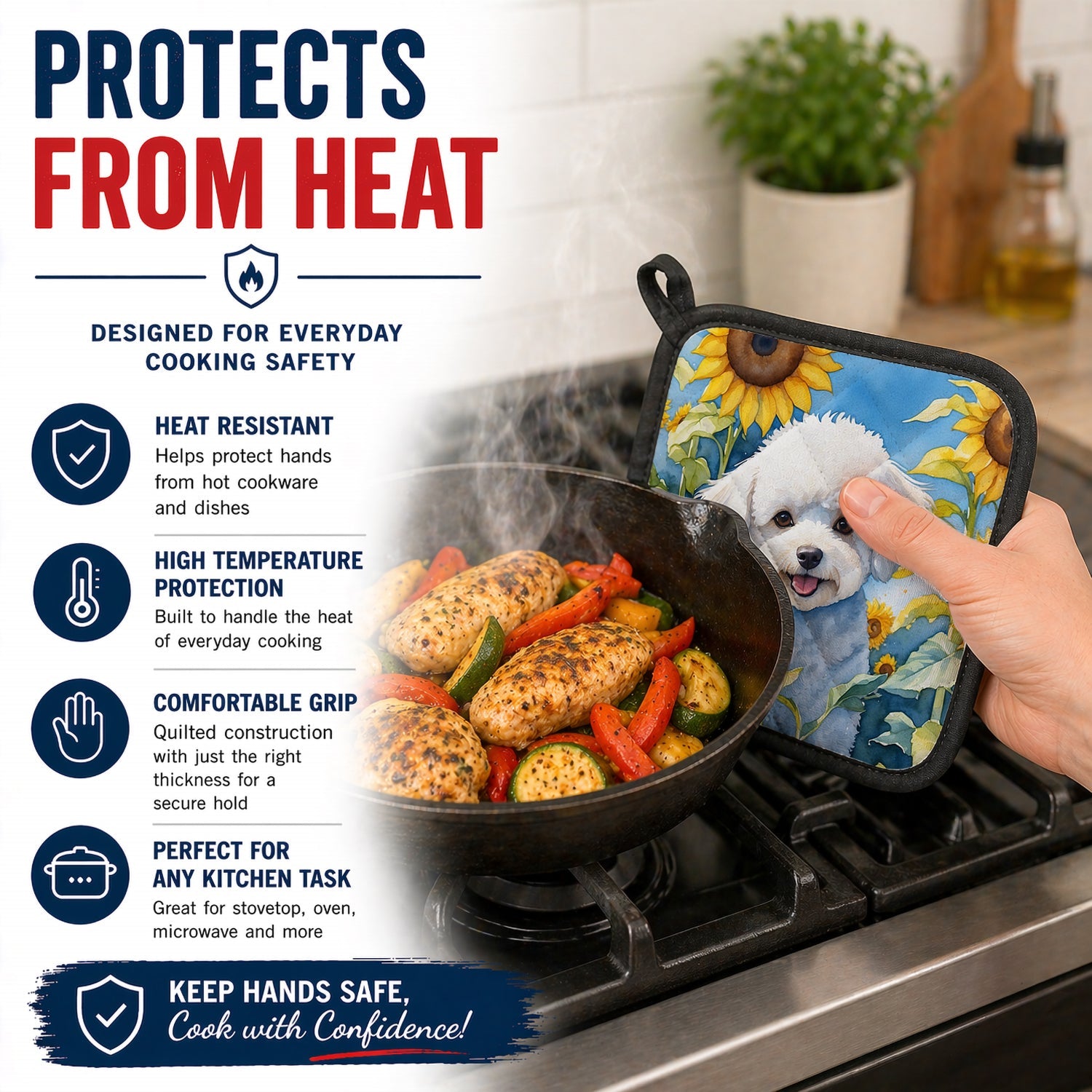 Bichon Frise in Sunflowers Pot Holder Set of 2 Heat Resistant Quilted Hot Pads 7.5 x 7.5 Inch, Insulated Kitchen Trivets for Cooking & Baking