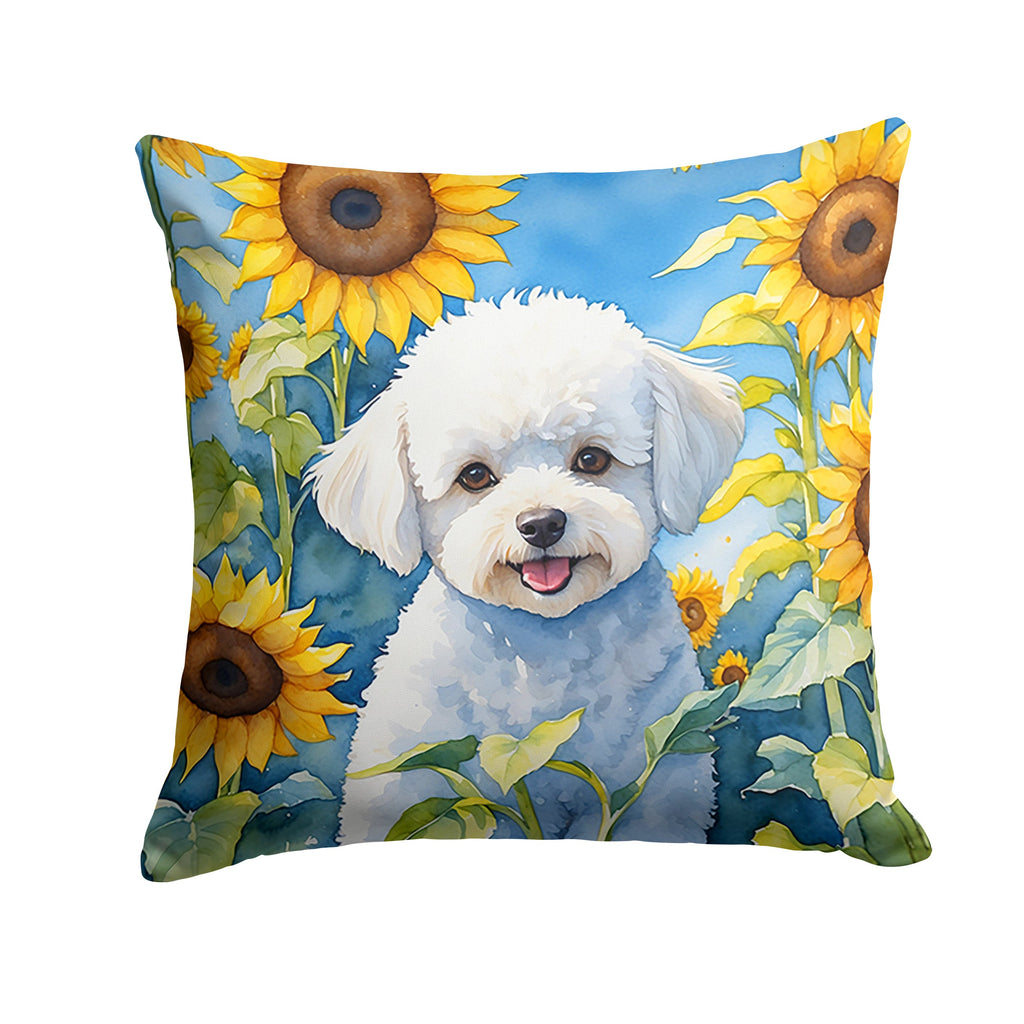 Bichon Frise in Sunflowers Decorative Throw Pillow 14x14 Indoor Outdoor Accent Cushion, Fabric Cover with Insert for Sofa, Bed, Porch & Living Room