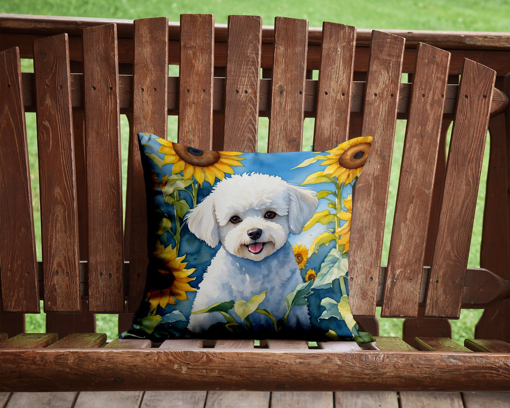 Bichon Frise in Sunflowers Decorative Throw Pillow 14x14 Indoor Outdoor Accent Cushion, Fabric Cover with Insert for Sofa, Bed, Porch & Living Room