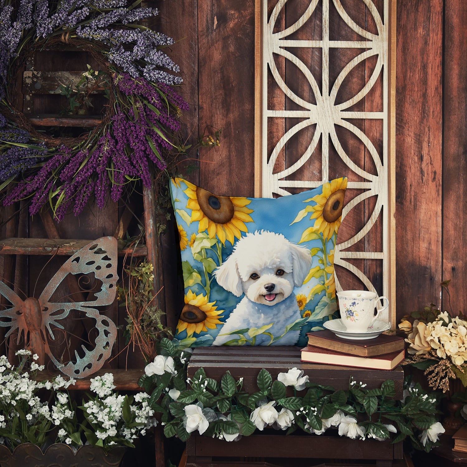 Bichon Frise in Sunflowers Decorative Throw Pillow 14x14 Indoor Outdoor Accent Cushion, Fabric Cover with Insert for Sofa, Bed, Porch & Living Room