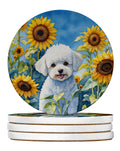 Bichon Frise in Sunflowers Large Sandstone Coasters Pack of 4 Absorbent Round Coasters Decor Gifts for Men or Women, 4 in, Multicolor