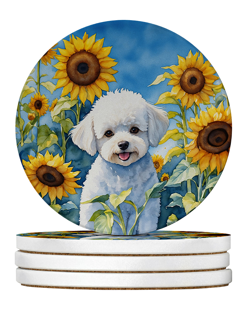 Bichon Frise in Sunflowers Large Sandstone Coasters Pack of 4 Absorbent Round Coasters Decor Gifts for Men or Women, 4 in, Multicolor