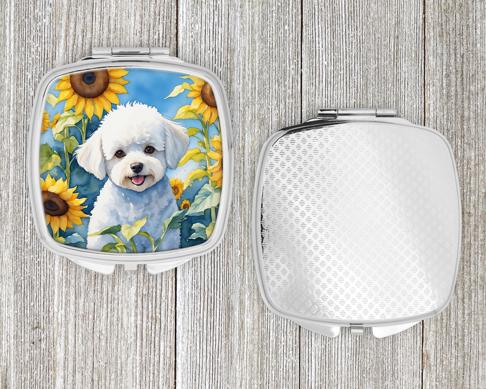 Bichon Frise in Sunflowers Compact Mirror Decorative Travel Makeup Mirror for Women Girls Gifts Pocket Makeup Mirror Folding Handheld