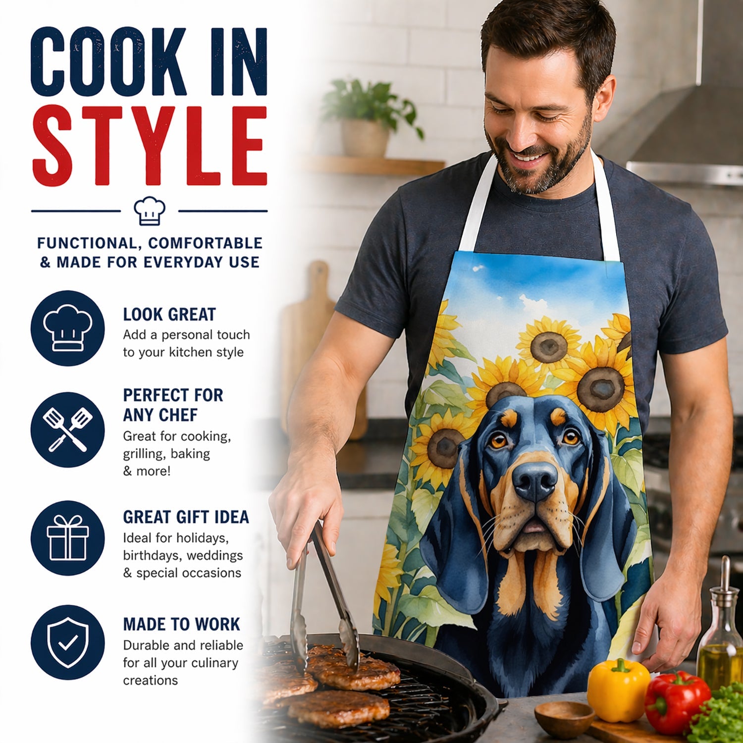 Black and Tan Coonhound in Sunflowers Apron Cooking Kitchen Server Baking Crafts Gardening for Adult Women Men, Unisex, Large, Multicolor