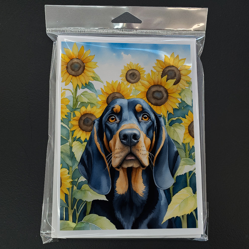 Black and Tan Coonhound in Sunflowers Greeting Cards Pack of 8 Blank Cards with Envelopes Whimsical A7 Size 5x7