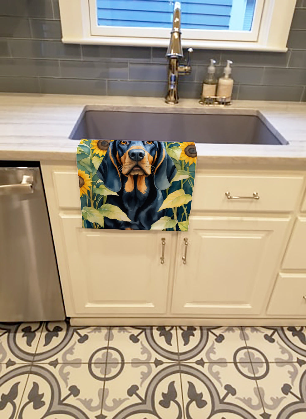 Black and Tan Coonhound in Sunflowers Kitchen Towel Velour Plush Front and Cotton Loop Back Machine Washable