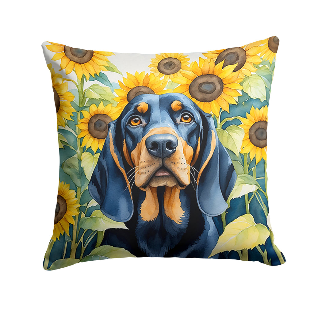 Black and Tan Coonhound in Sunflowers Decorative Throw Pillow 14x14 Indoor Outdoor Accent Cushion, Fabric Cover with Insert for Sofa, Bed, Porch & Living Room