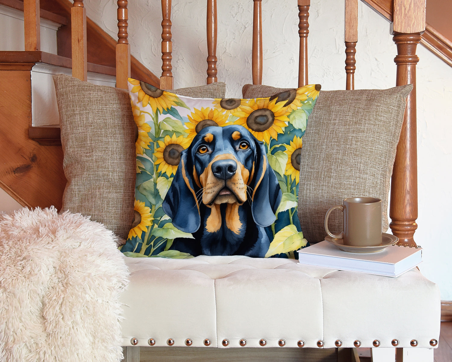 Black and Tan Coonhound in Sunflowers Decorative Throw Pillow 14x14 Indoor Outdoor Accent Cushion, Fabric Cover with Insert for Sofa, Bed, Porch & Living Room