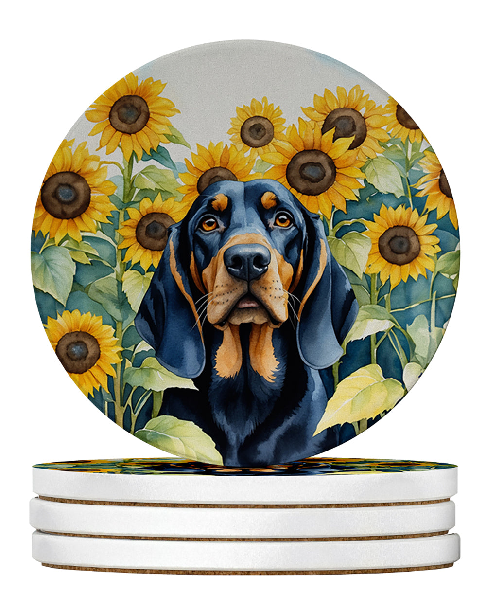Black and Tan Coonhound in Sunflowers Large Sandstone Coasters Pack of 4 Absorbent Round Coasters Decor Gifts for Men or Women, 4 in, Multicolor