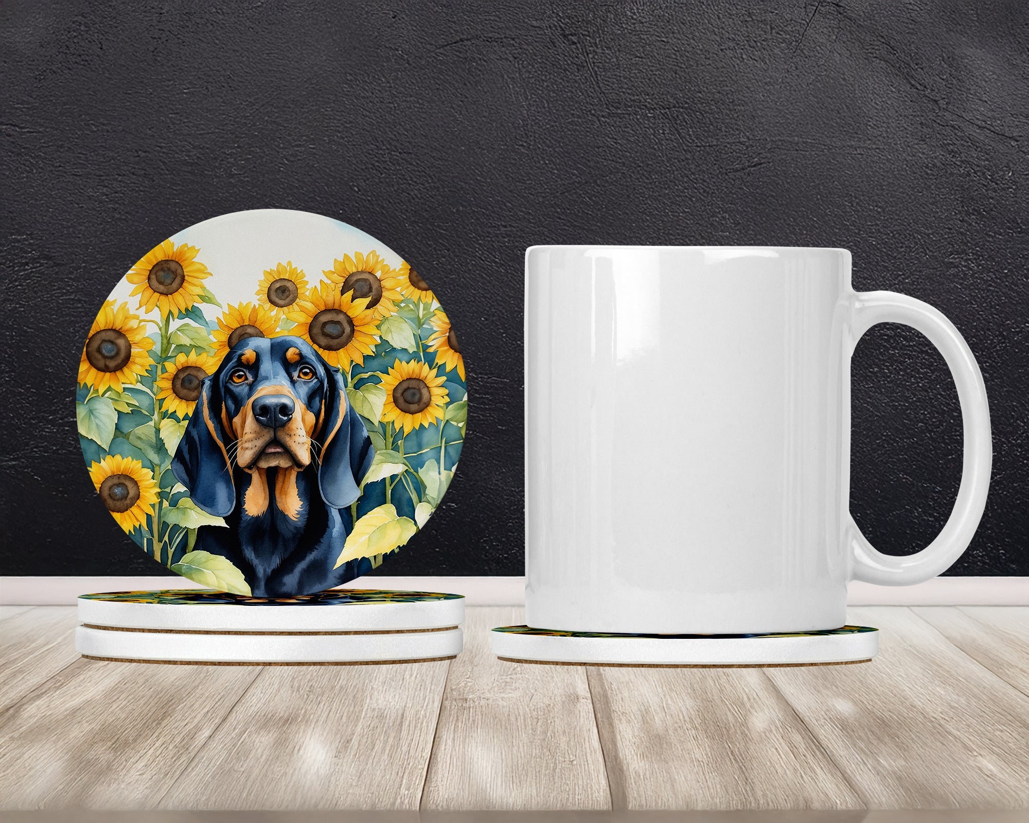 Black and Tan Coonhound in Sunflowers Large Sandstone Coasters Pack of 4 Absorbent Round Coasters Decor Gifts for Men or Women, 4 in, Multicolor