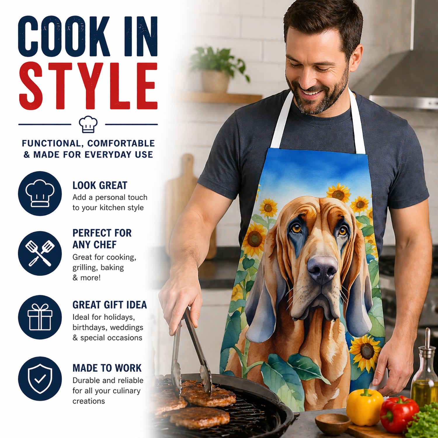 Bloodhound in Sunflowers Apron Cooking Kitchen Server Baking Crafts Gardening for Adult Women Men, Unisex, Large, Multicolor