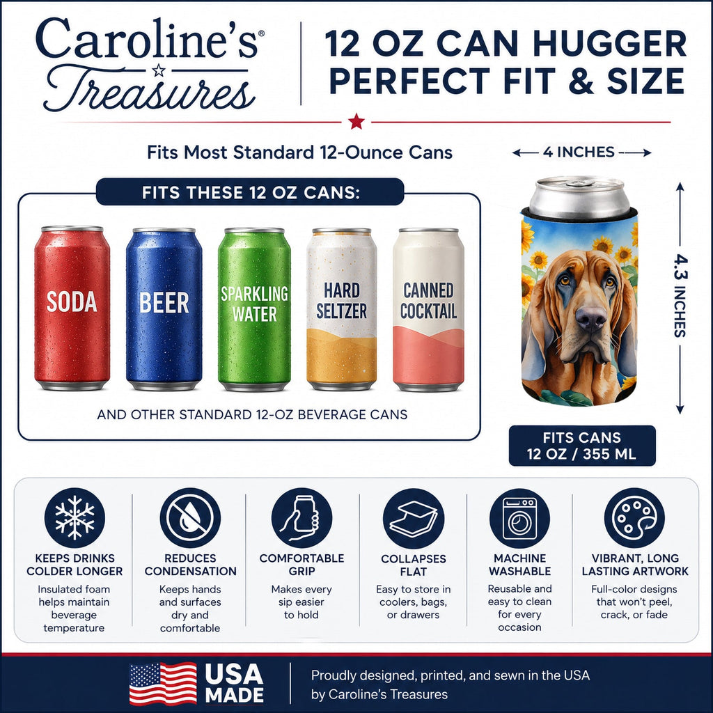 Bloodhound in Sunflowers Can or Bottle Hugger Cooler Sleeve for Standard 12 oz Cans, Insulated Foam Beer & Soda Can Hugger Reusable